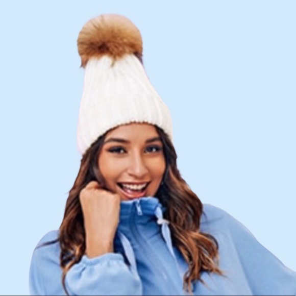 Accessories - White Pom Pom Cuffed Beanie Knit Hat